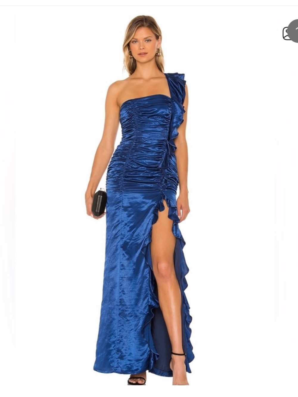 Revolve Majorelle One-Shoulder Ruffle Satin Gown - Blue